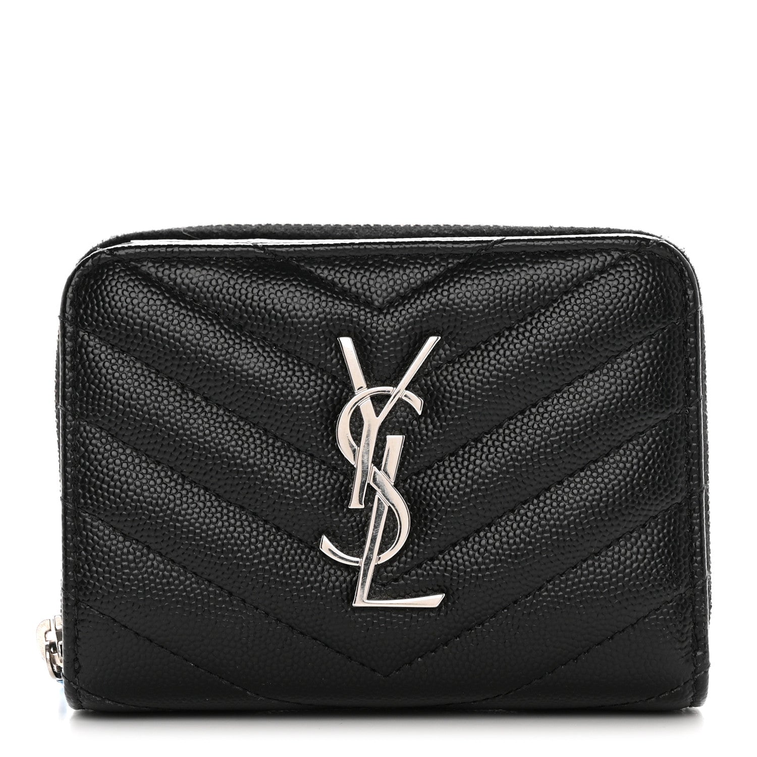 Saint Laurent Grain De Poudre Matelasse Chevron Monogram Compact Zip Around Wallet Black 1 of 11