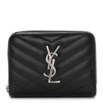 Saint Laurent Grain De Poudre Matelasse Chevron Monogram Compact Zip Around Wallet Black 1 of 11
