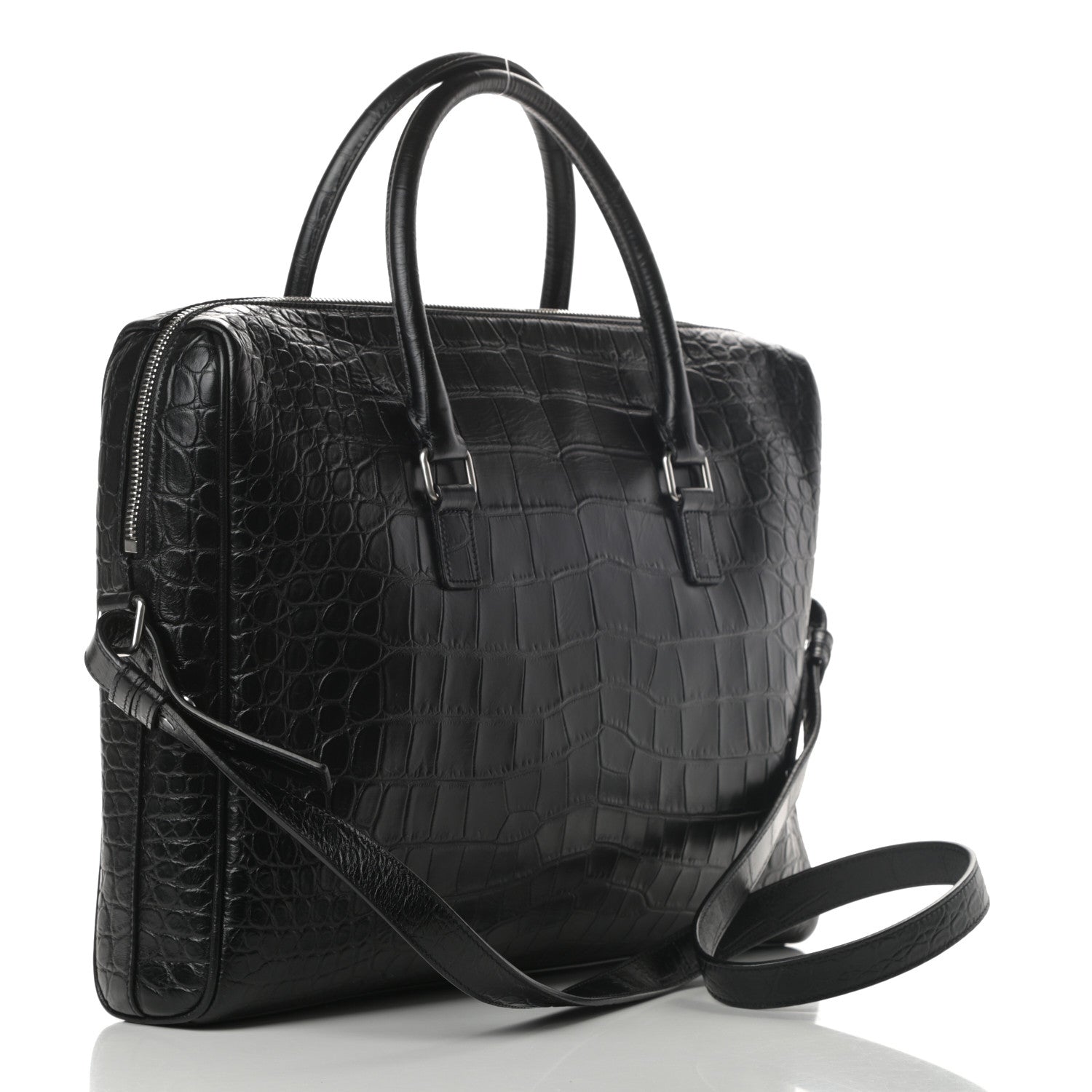 Saint Laurent Calfskin Crocodile Embossed Duffle Briefcase Black 3 of 10