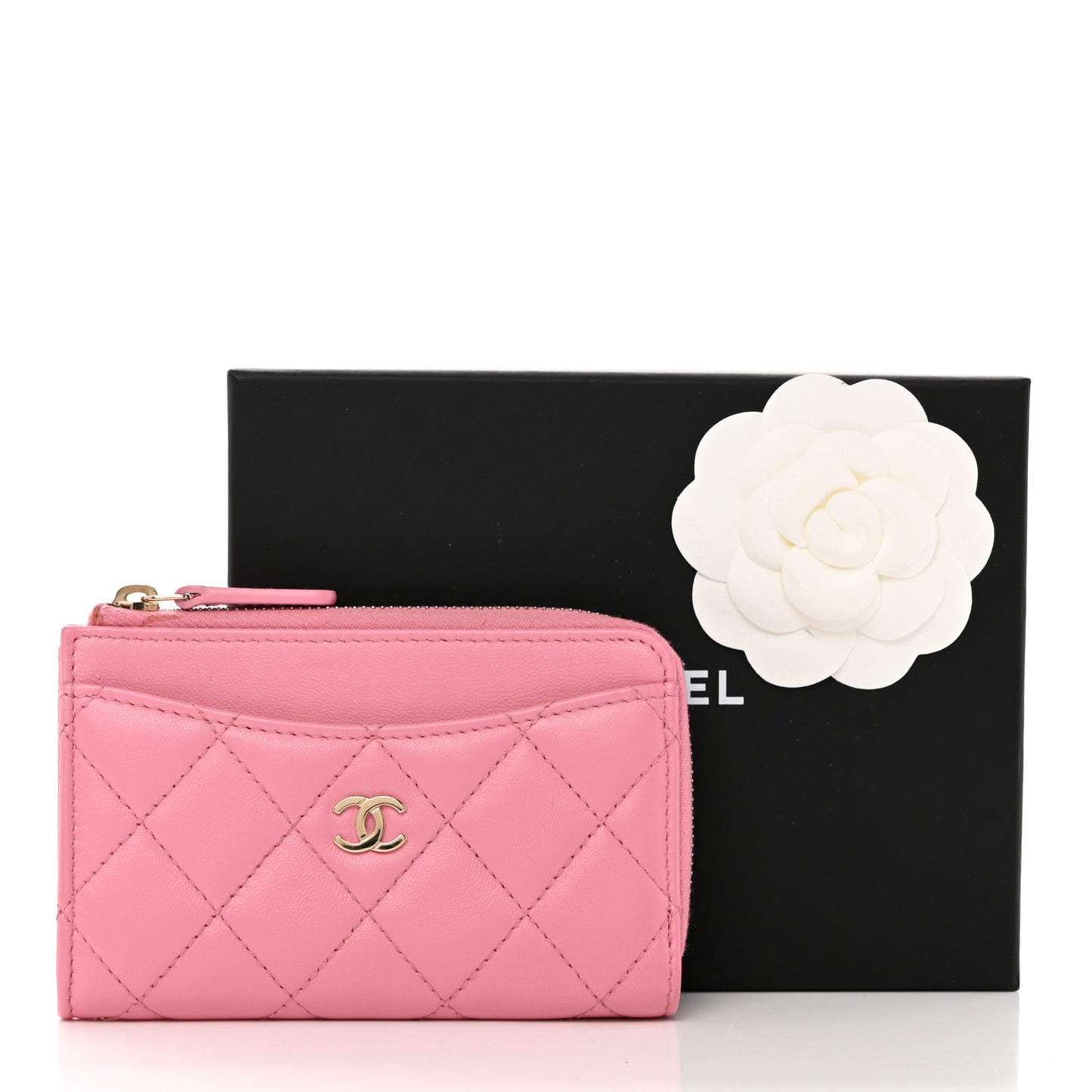 Lambskin Quilted CC Zip Around Card Holder Pink