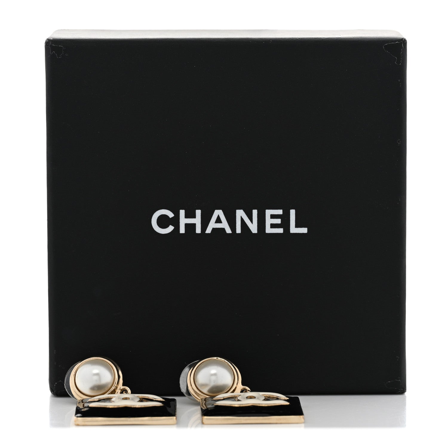 Chanel Metal Enamel Pearl Square CC Drop Earrings Gold Black White 6 of 6