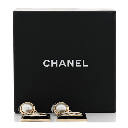 Chanel Metal Enamel Pearl Square CC Drop Earrings Gold Black White 6 of 6