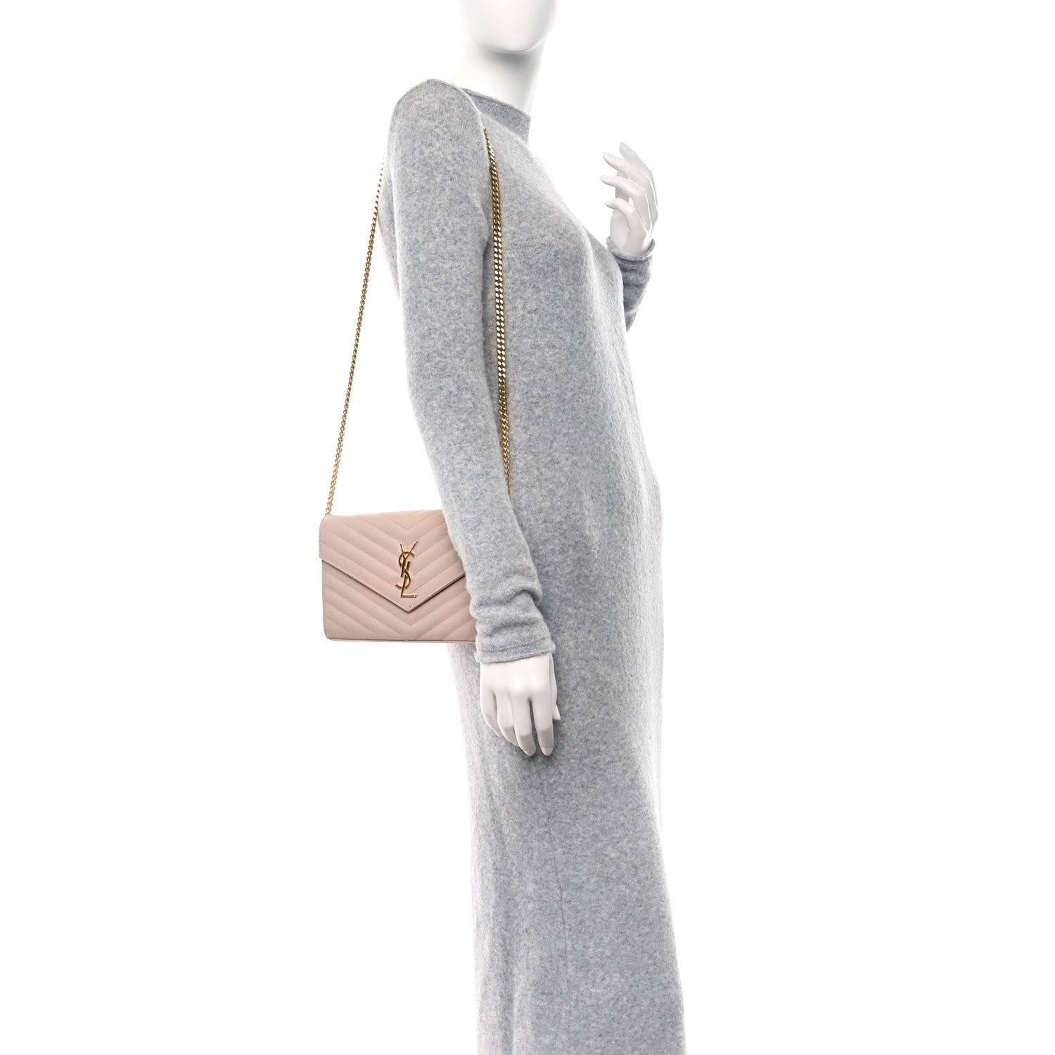 Saint Laurent Grain De Poudre Matelasse Chevron Monogram Chain Wallet Pale Pink 2 of 13