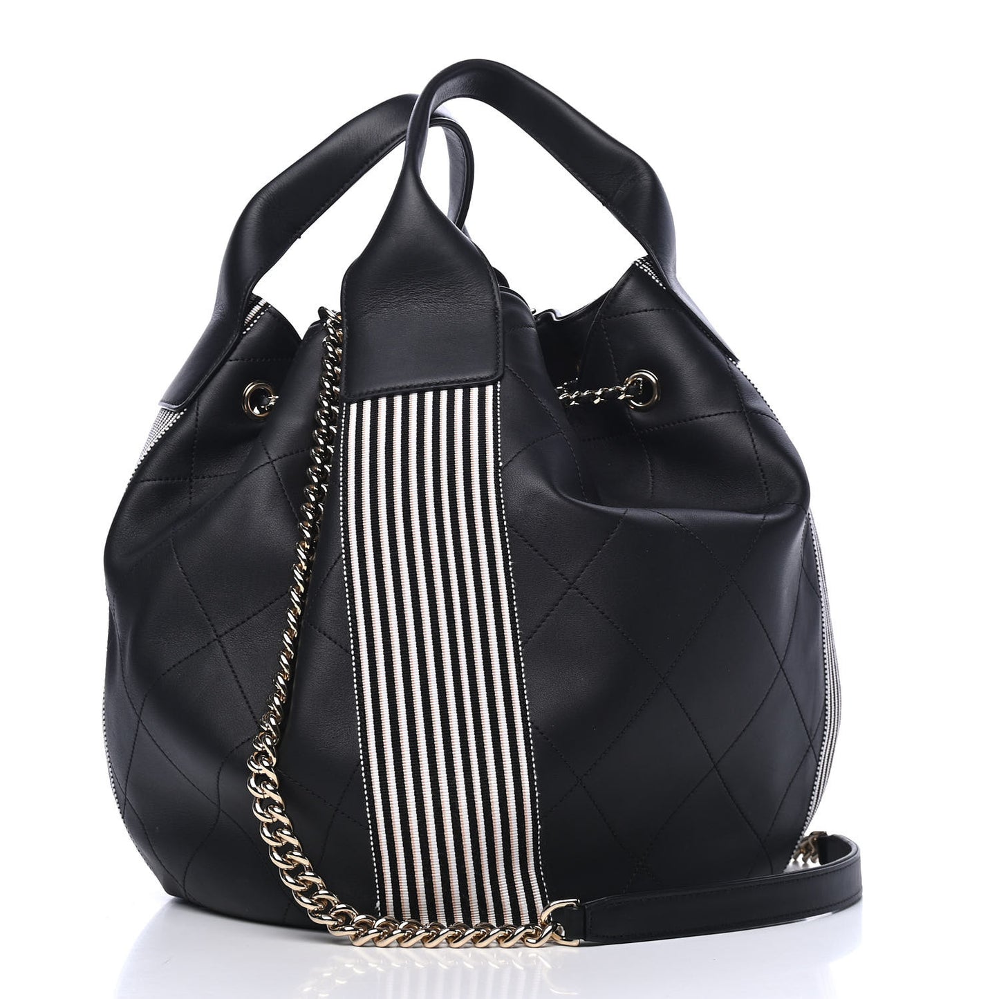 Calfskin Stitched Striped CC Drawstring Bag Black