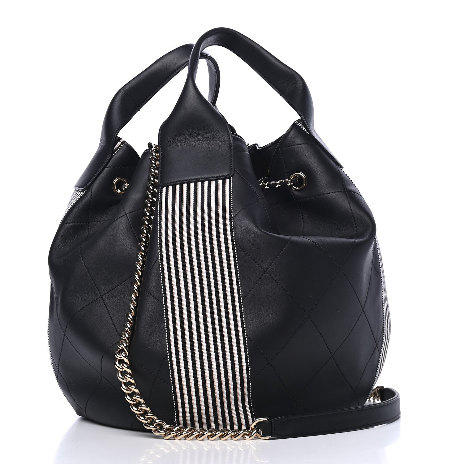 Chanel Calfskin Stitched Striped CC Drawstring Bag Black 2 of 4
