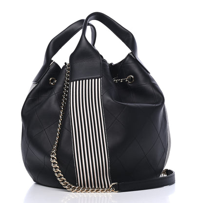 Chanel Calfskin Stitched Striped CC Drawstring Bag Black 2 of 4