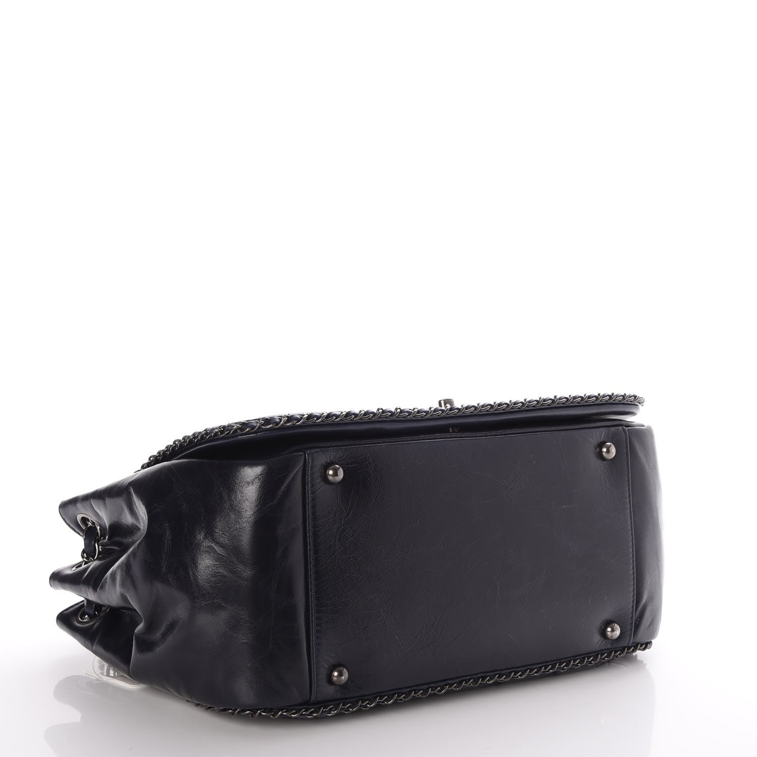 Chanel Glazed Calfskin Quilted Large CC Enchained Accordion Flap Dark Navy Blue 4 of 7