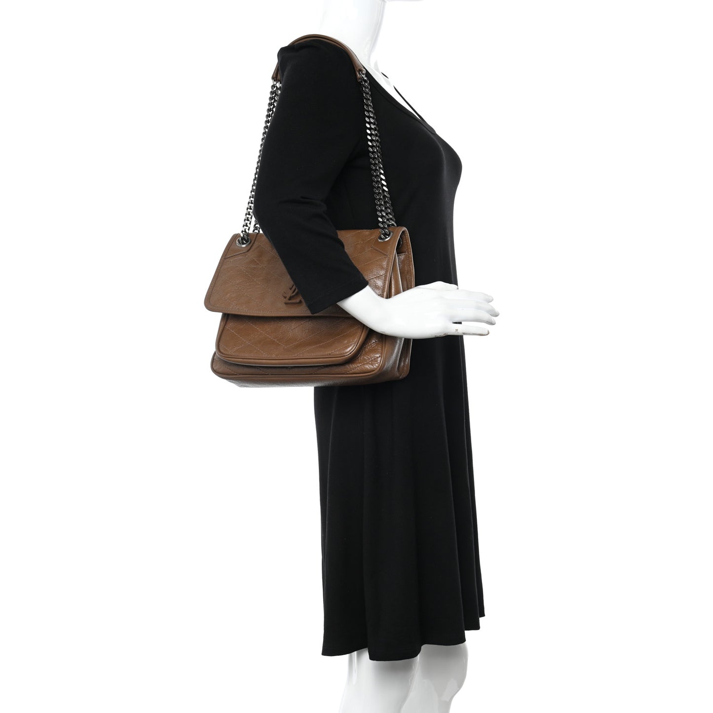 Crinkled Calfskin Matelasse Monogram Medium Niki Chain Satchel Tan Brown