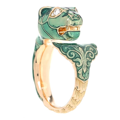 Gucci 18K Yellow Gold Diamond Enamel Le Marche Des Merveilles Feline Ring Green 53 6.5 1 of 6