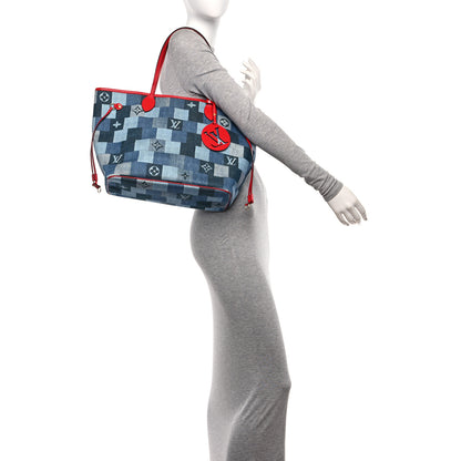 Louis Vuitton Denim Damier Monogram Patchwork Neverfull Blue Rouge 2 of 9