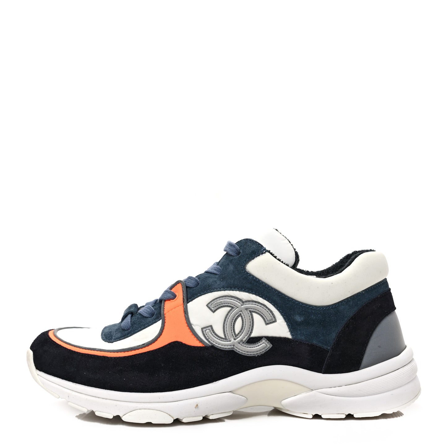 Nylon Calfskin Suede CC Womens Sneakers 39.5 Navy White Orange Black