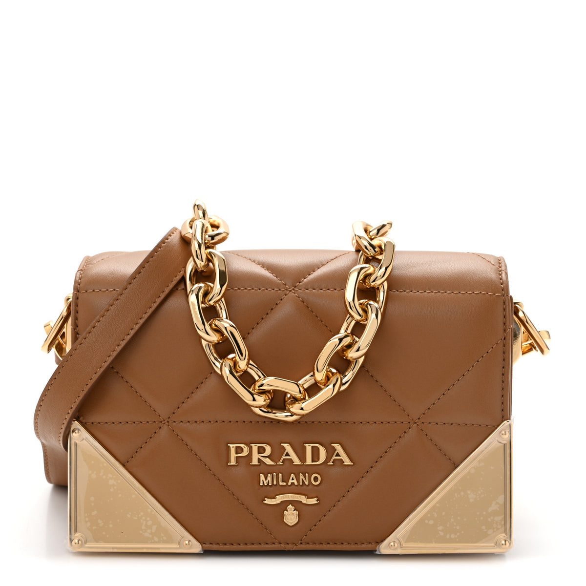 Nappa Triangle Stitched Metal Shoulder Bag  Caramel