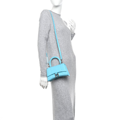 Balenciaga Shiny Calfskin Crocodile Embossed Hourglass Top Handle Bag XS Bright Bleu 2 of 12