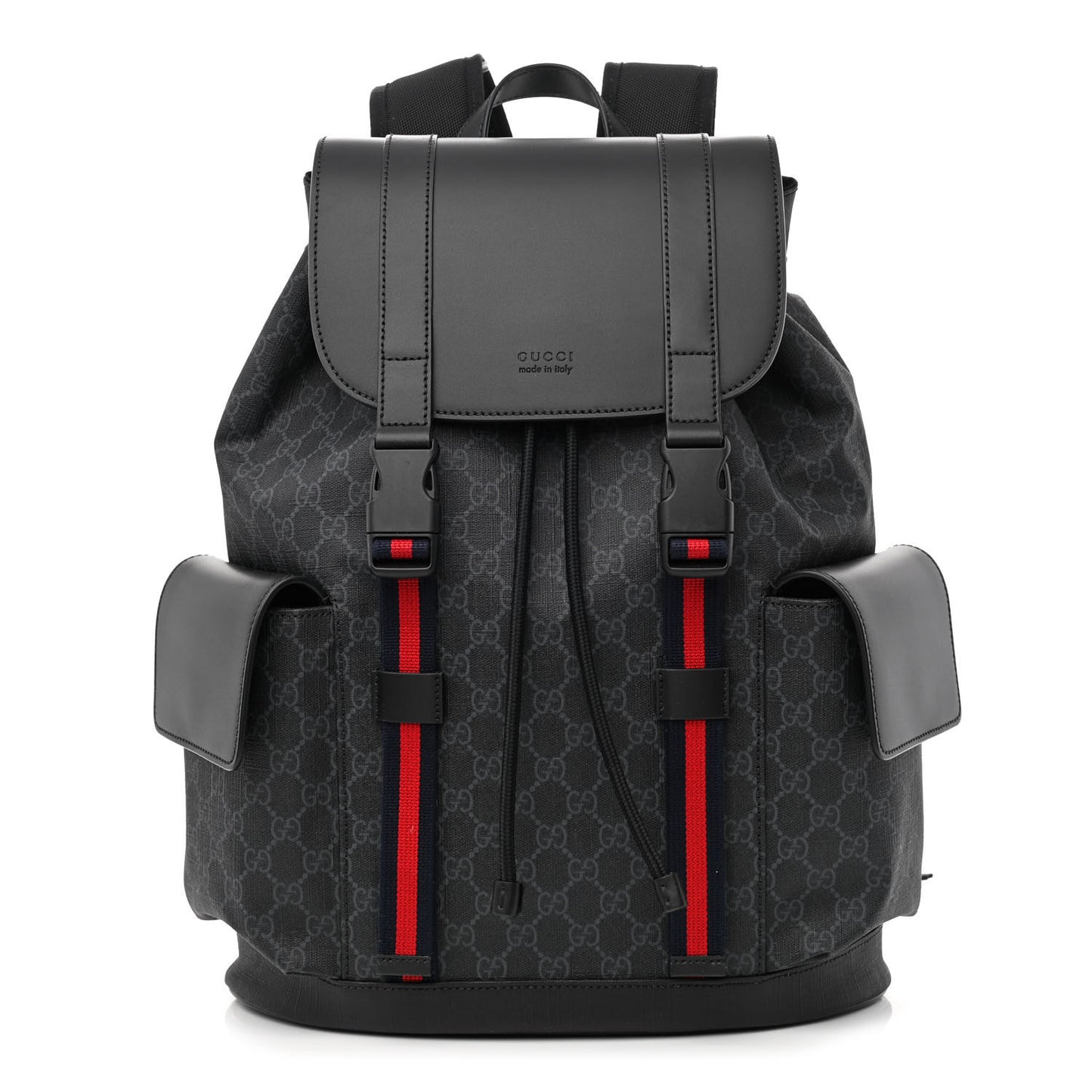 Soft GG Supreme Monogram Appia Calfskin Web Double Buckle Backpack Black
