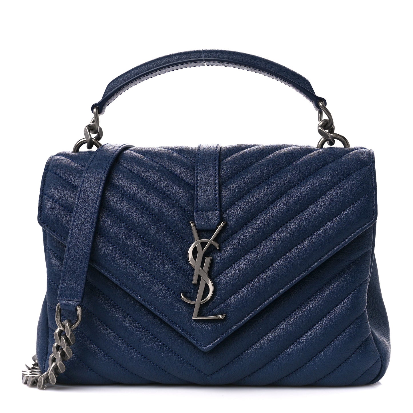 Sheepskin Matelasse Chevron Monogram Medium College Bag Blue Charron