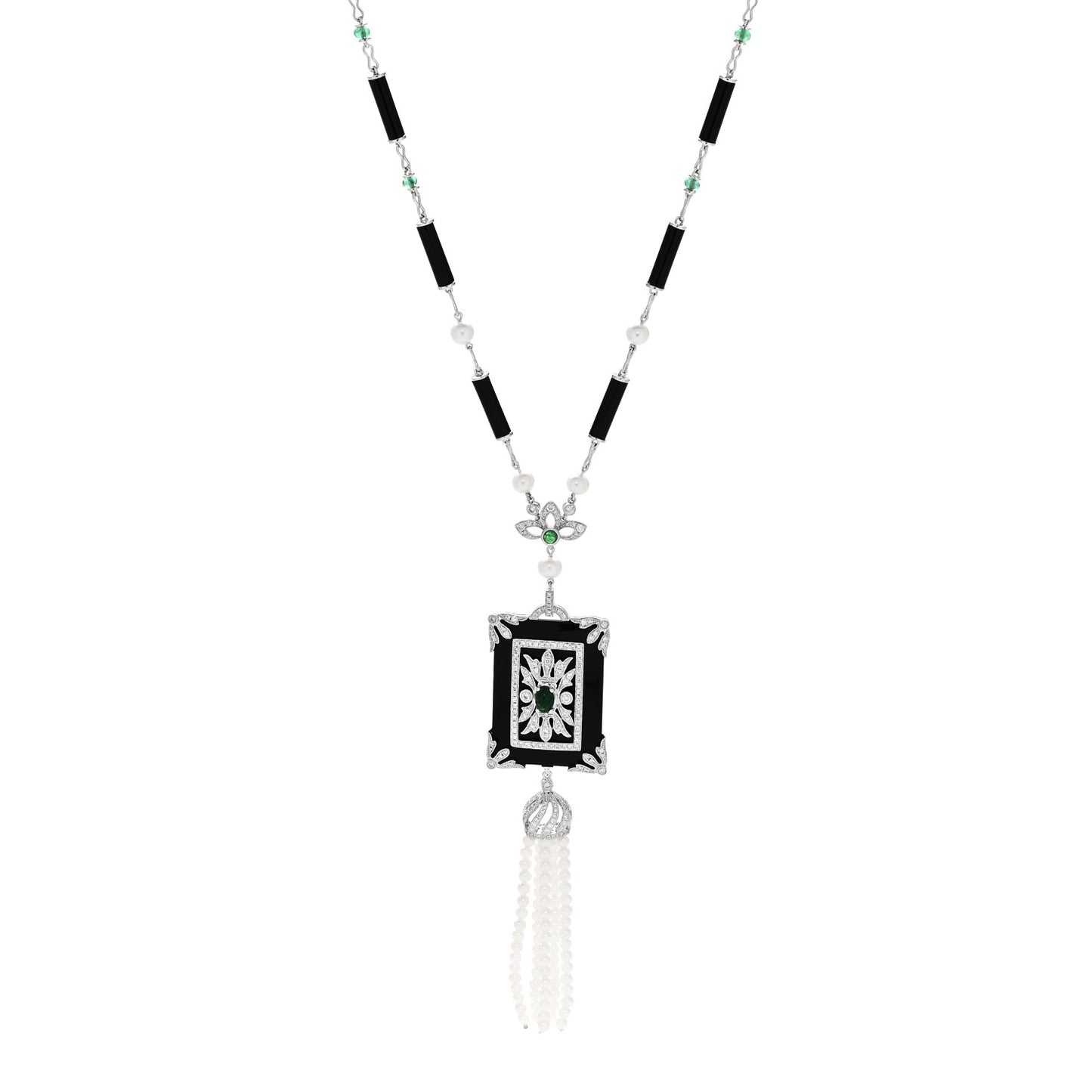 18K White Gold Diamond Emerald Black Onyx Cultured Pearl 1.45ctw Art Deco Tassel Pendant Necklace
