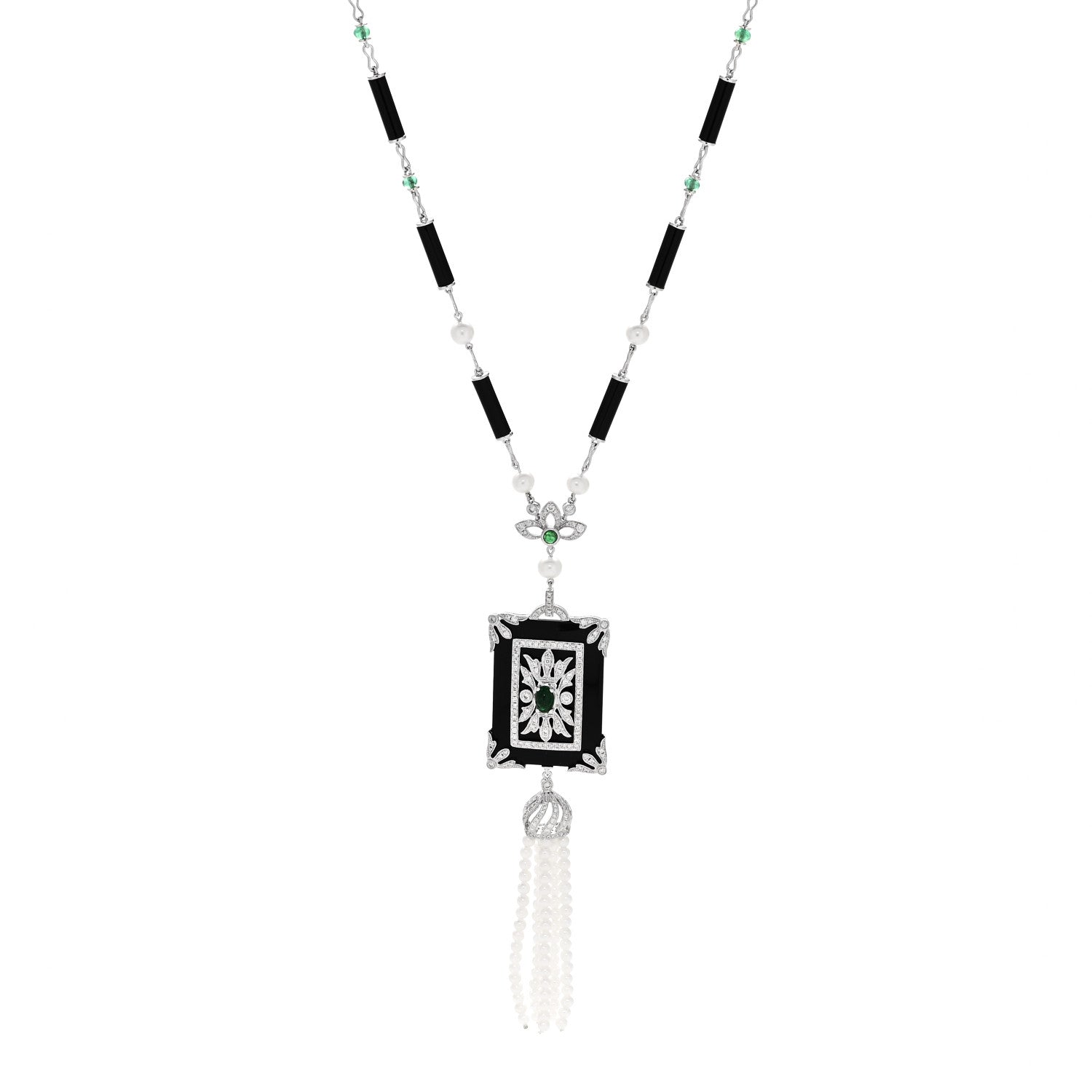 Parker & West by FASHIONPHILE 18K White Gold Diamond Emerald Black Onyx Cultured Pearl 1.45ctw Art Deco Tassel Pendant Necklace 1 of 6