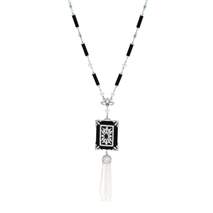 Parker & West by FASHIONPHILE 18K White Gold Diamond Emerald Black Onyx Cultured Pearl 1.45ctw Art Deco Tassel Pendant Necklace 1 of 6
