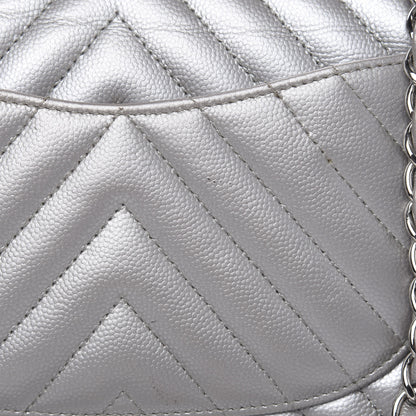 Chanel Metallic Caviar Chevron Quilted Medium Double Flap Silver 14 of 16