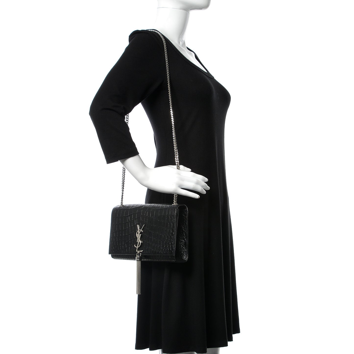 Calfskin Crocodile Embossed Medium Classic Monogram Kate Tassel Satchel Black