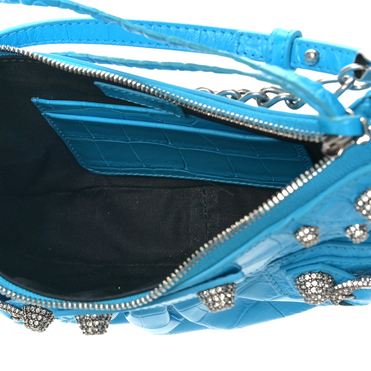 Extra Supple Calfskin Crocodile Embossed Crystal Mini Le Cagole Purse With Chain Cyan