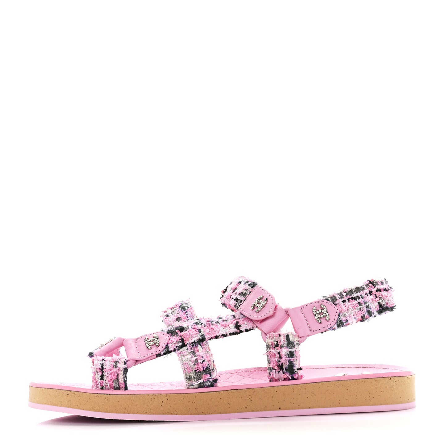Tweed Lambskin Crystal CC Sandals 38 Pink Multicolor