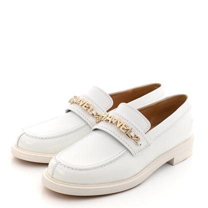 Chanel Shiny Calfskin Logo Loafers 37.5 White 3 of 9