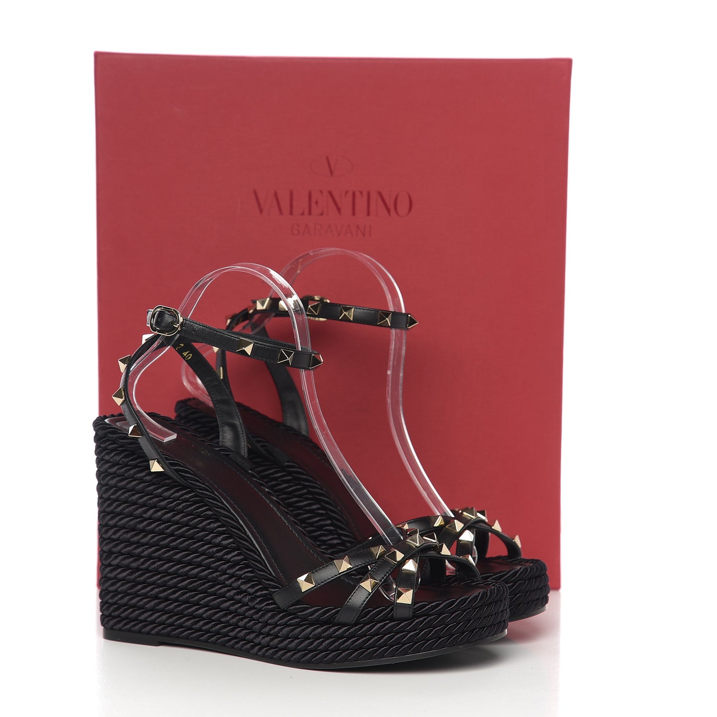 Calfskin Rockstud Ankle Strap Torchon Espadrille 25/95mm Wedge Sandals 40 Black