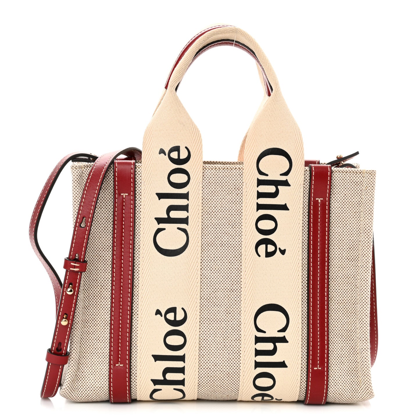 Cotton Calfskin Small Woody Ribbon Tote With Strap White Smoked Red