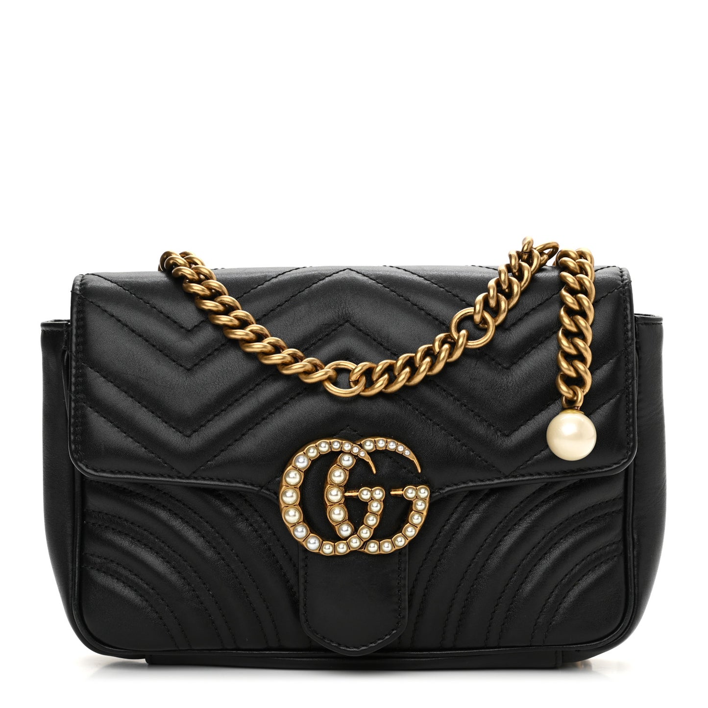 Calfskin Matelasse Pearly GG Marmont Chain Belt Bag Black