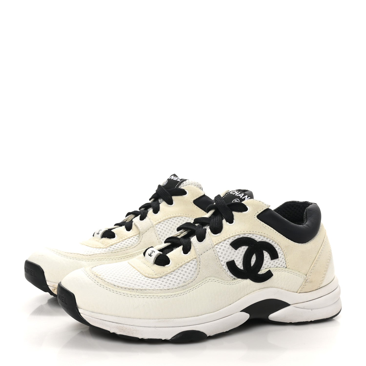 Chanel Mesh Suede Calfskin Grained Calfskin Womens CC Sneakers 39.5 White Black 4 of 9