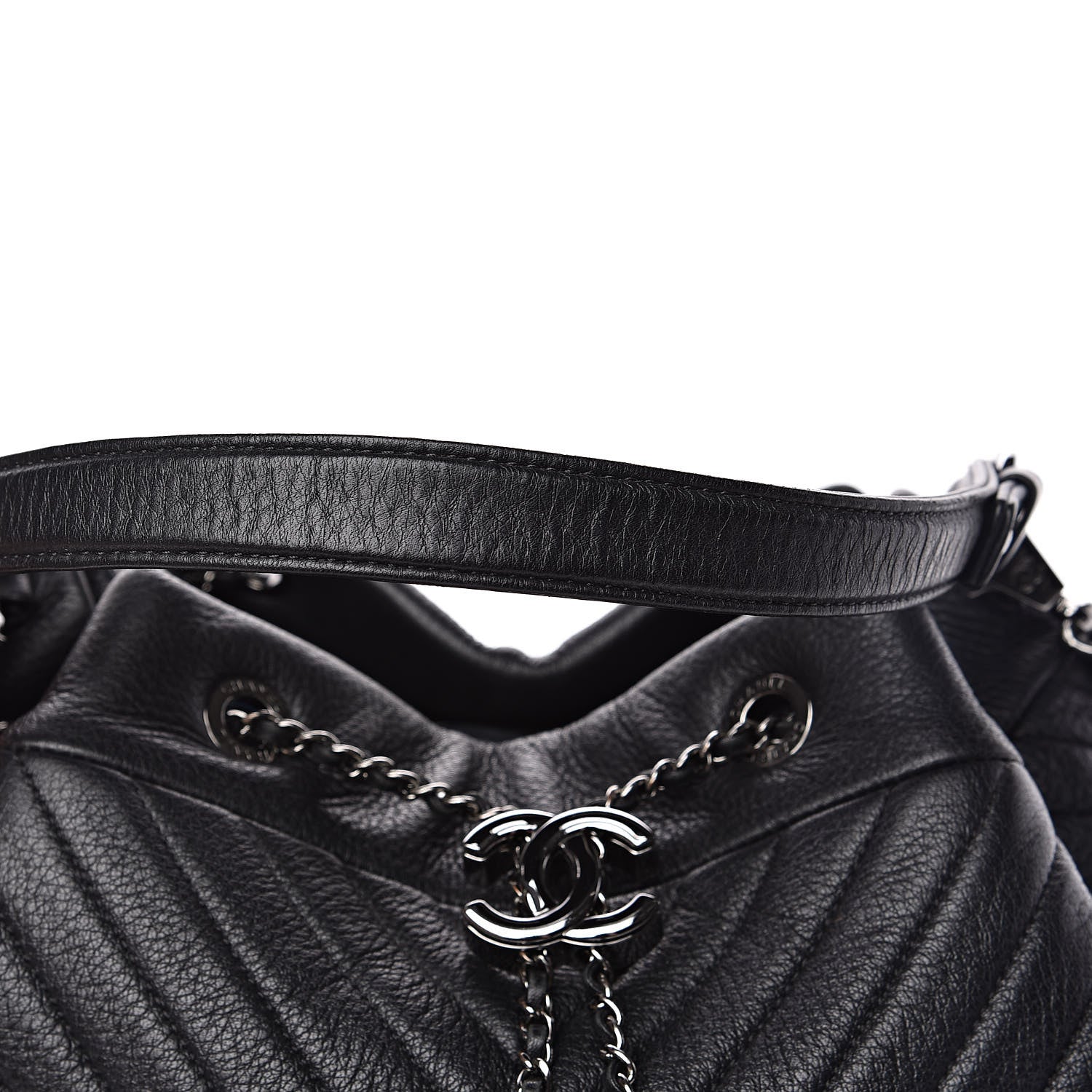 Chanel Deerskin Chevron Large CC Chain Bucket Drawstring Bag Black 10 of 10