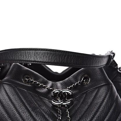 Chanel Deerskin Chevron Large CC Chain Bucket Drawstring Bag Black 10 of 10
