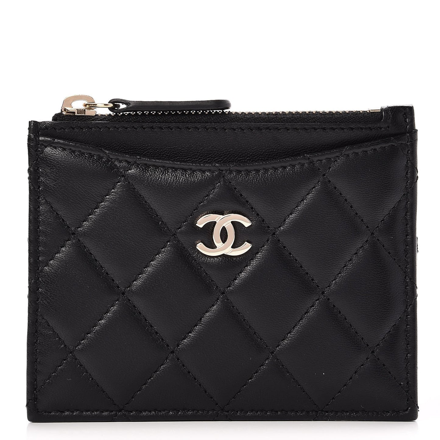 Lambskin Quilted Zip Card Holder Black