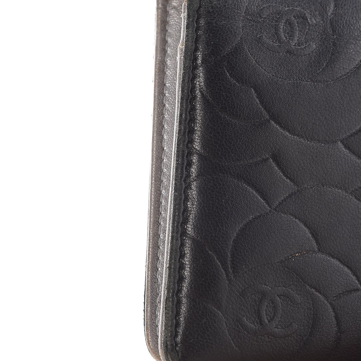 Lambskin Camellia Embossed Yen Wallet Black