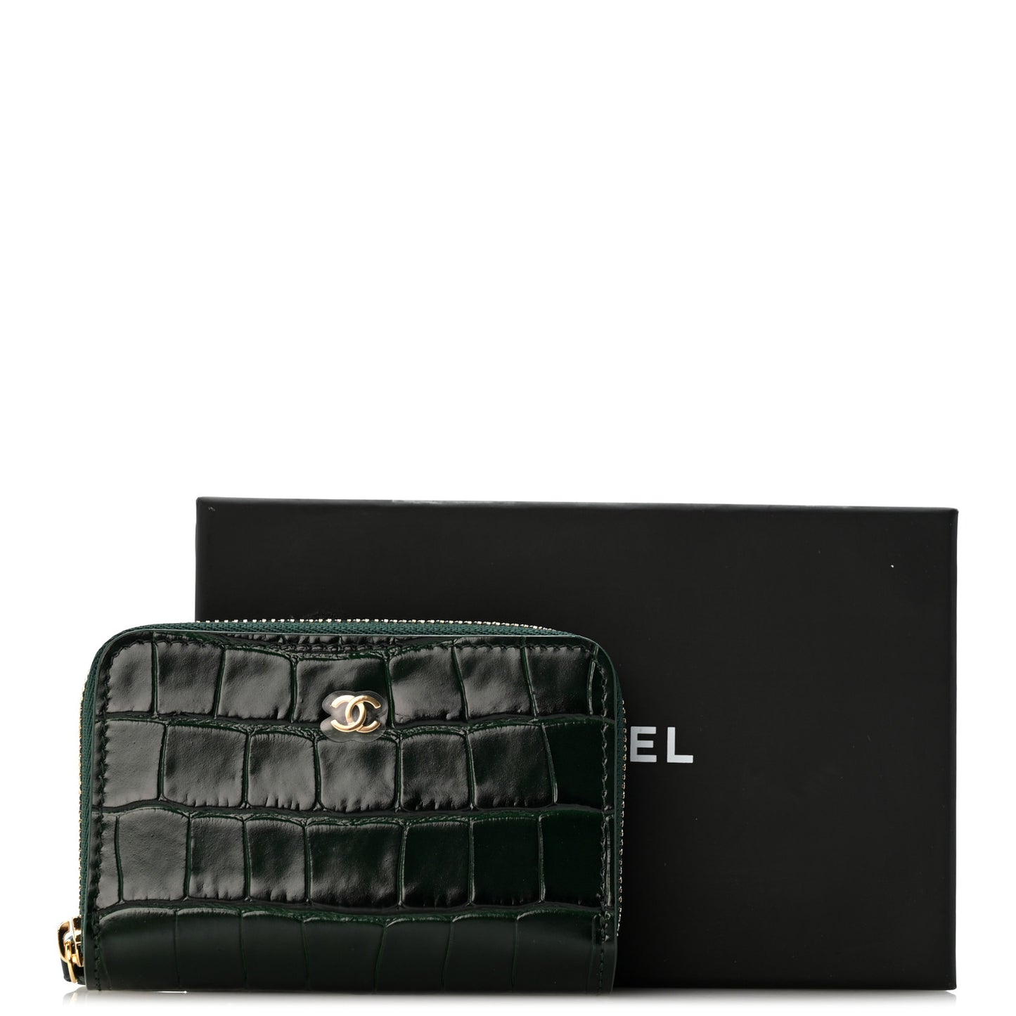 Calfskin Crocodile Embossed Crococo Zip Coin Purse Emerald