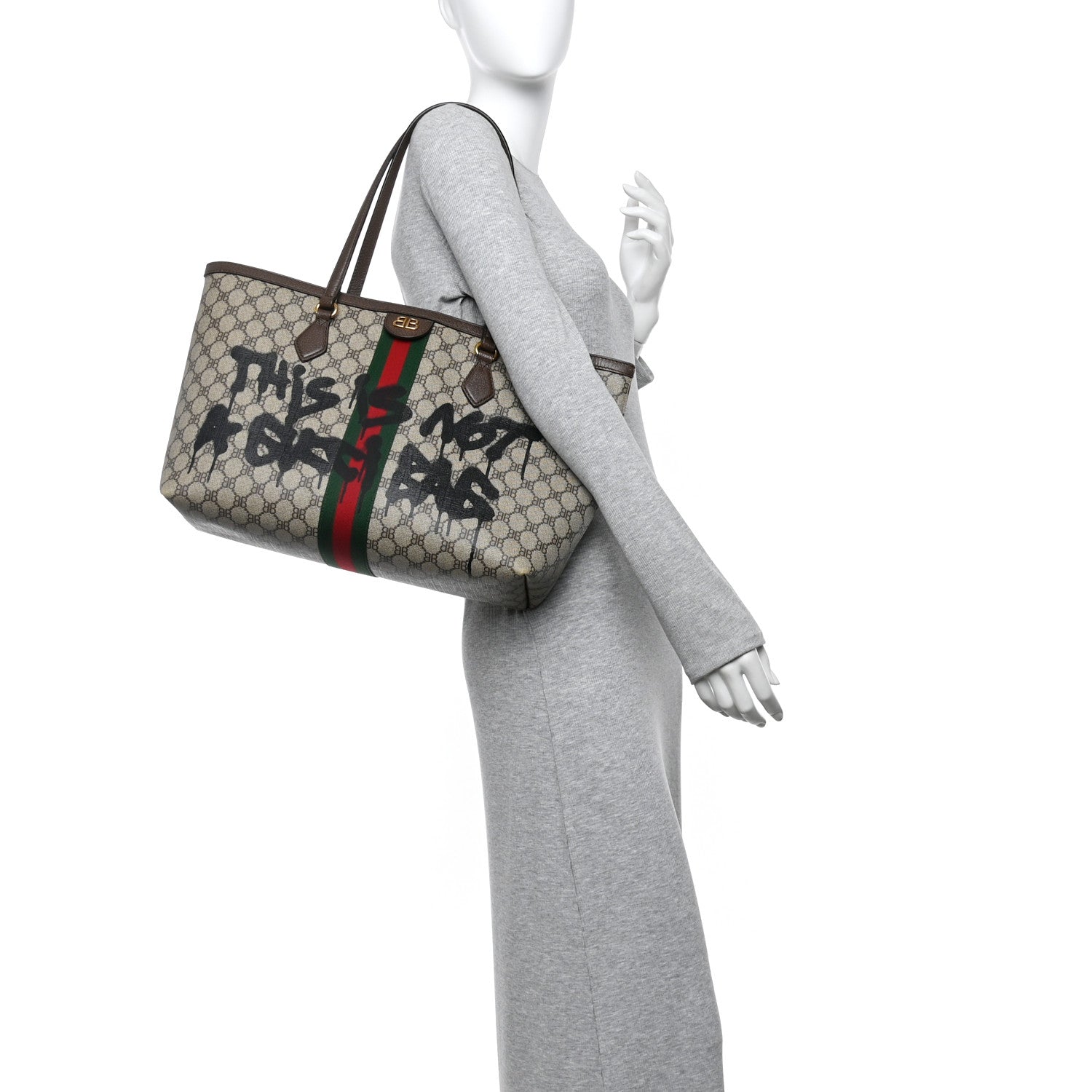 Gucci X BALENCIAGA BB Supreme Monogram Web Graffiti Medium Ophidia Shopping Tote Beige New Acero 2 of 10