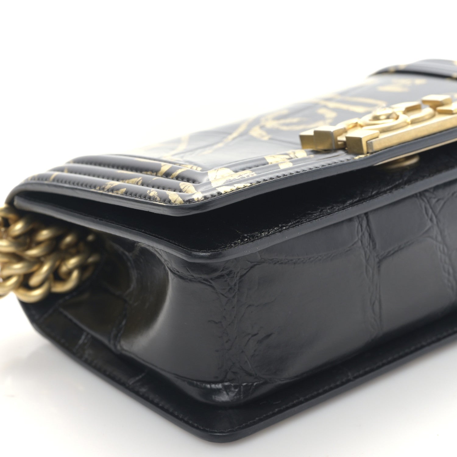 Chanel Calfskin Crocodile Embossed Graffiti Cocodile Small Boy Flap Black Gold 8 of 9