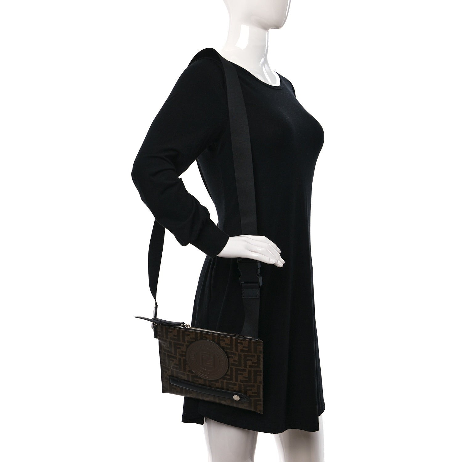 Fendi Glazed Fabric Vitello Century FF 1974 Stamp Patch Messenger Bag Mogano Panna Black 2 of 12