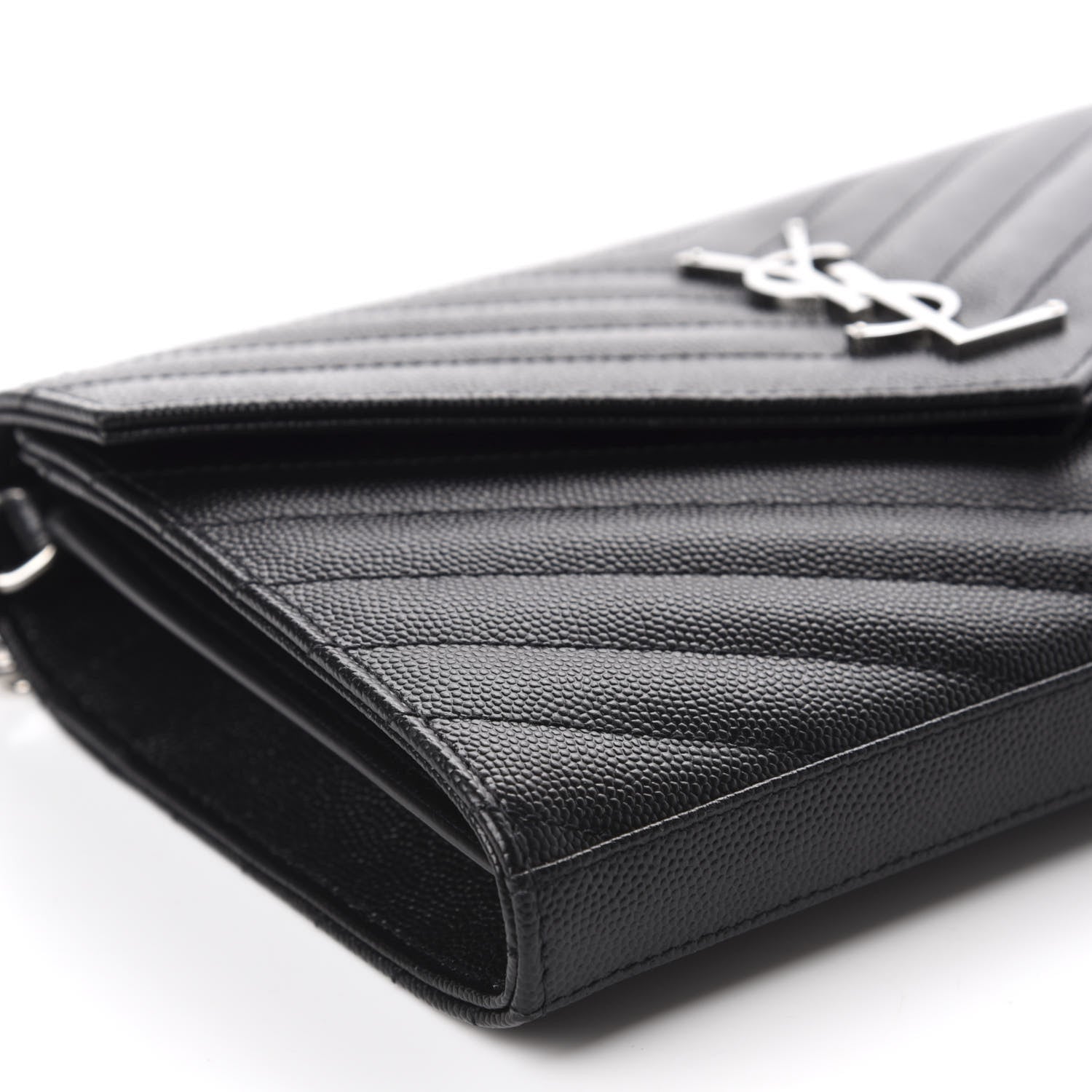 Saint Laurent Grain De Poudre Matelasse Chevron Monogram Chain Wallet Black 6 of 10