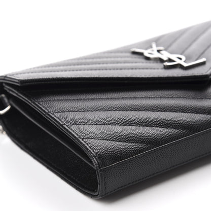 Saint Laurent Grain De Poudre Matelasse Chevron Monogram Chain Wallet Black 6 of 10