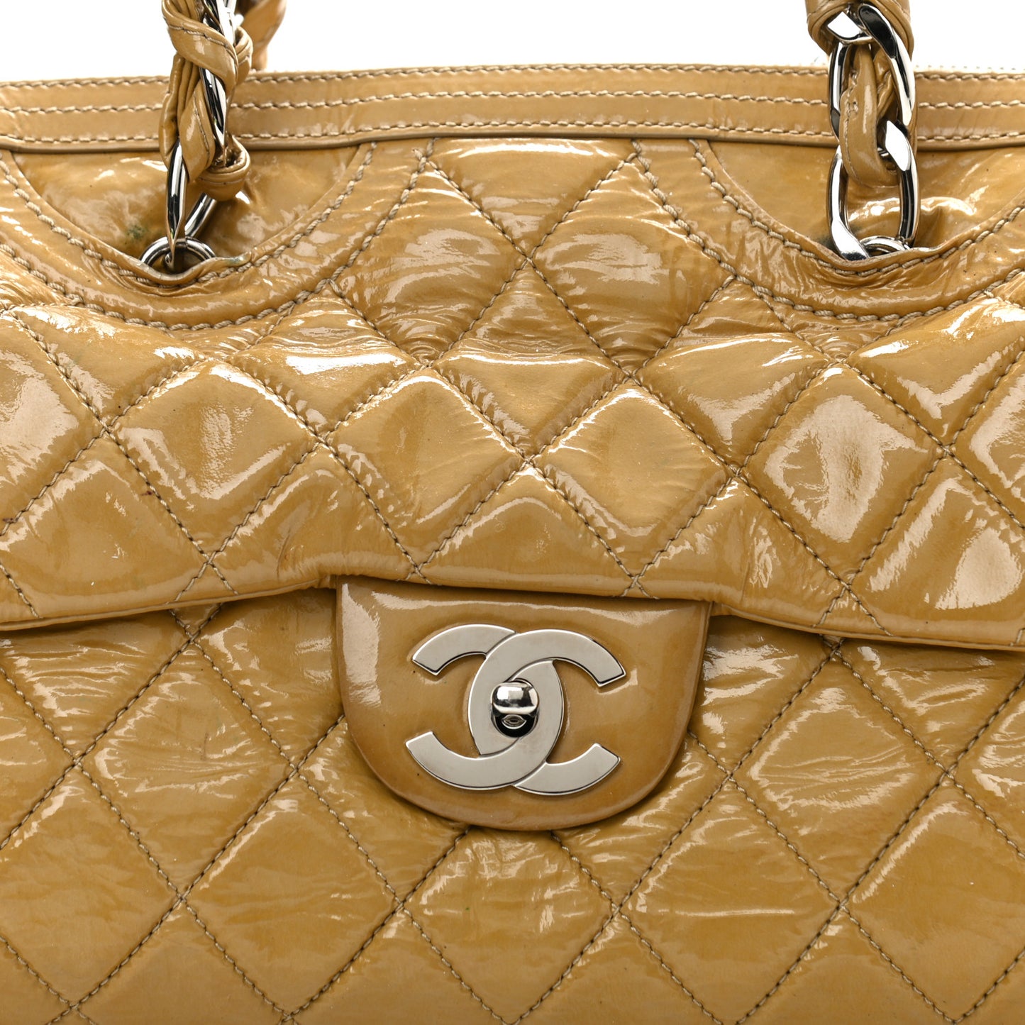Patent Quilted Day Glo Flap Bag Beige