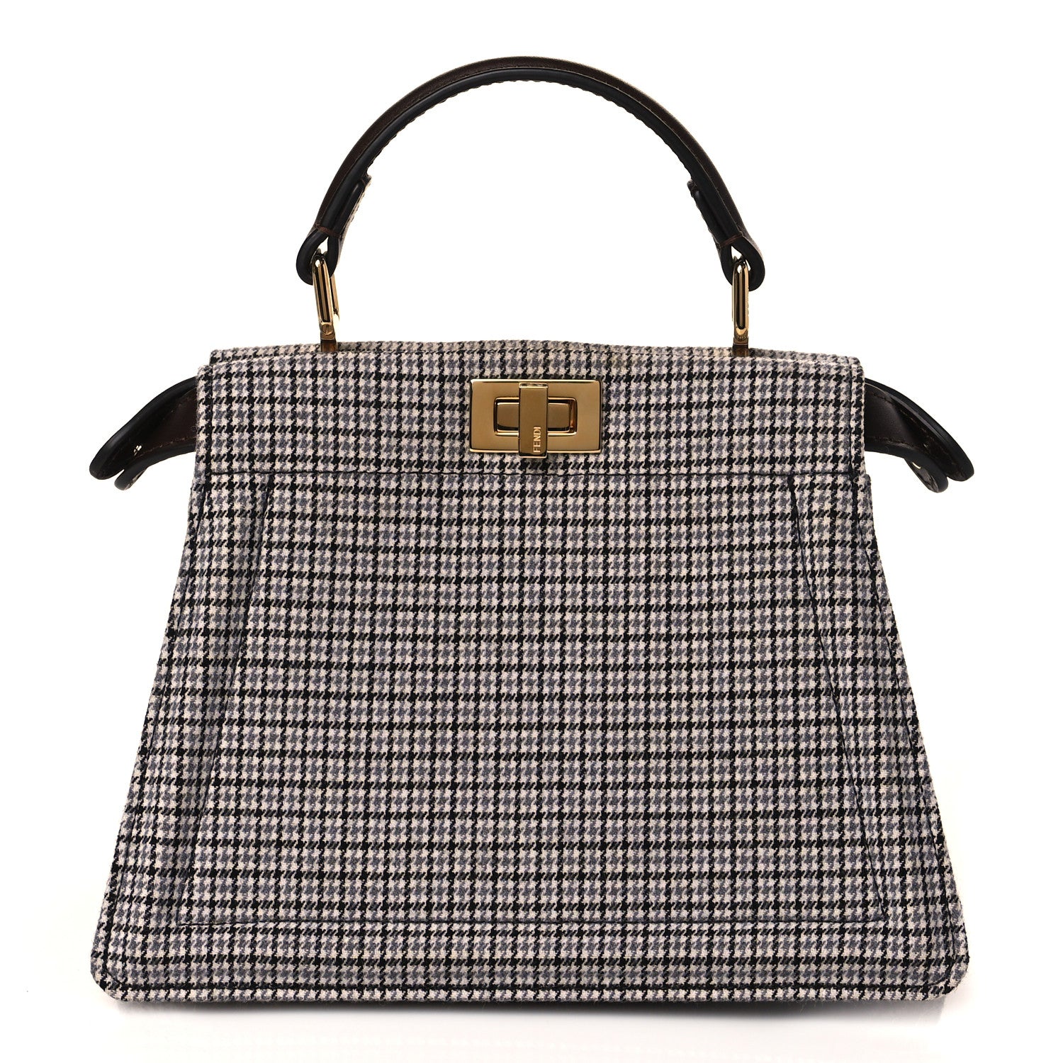 Fendi Wool Fabric Jacquard Cuoio Small Houndstooth FF 1974 Petite Peekaboo I SEE U Satchel Grey Black 1 of 8