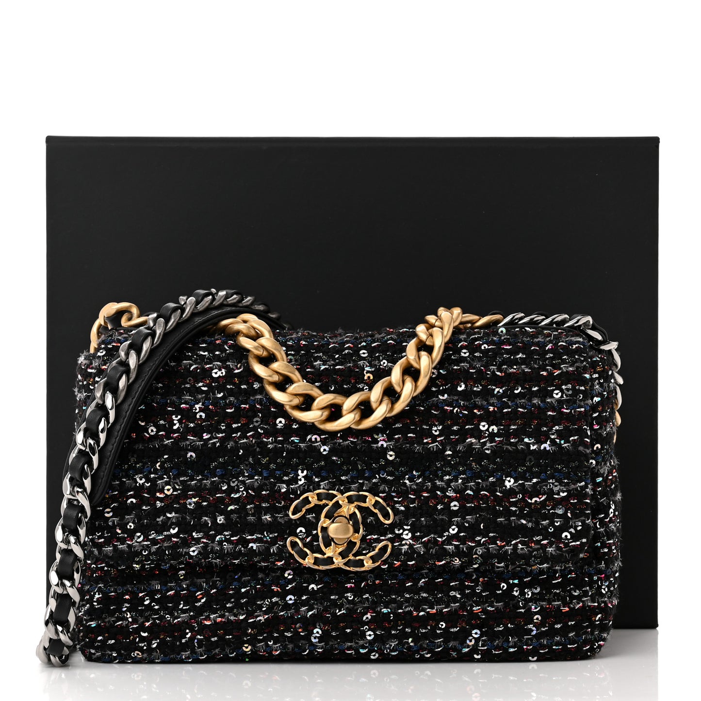 Tweed Sequin Quilted Medium Chanel 19 Flap Black Multicolor