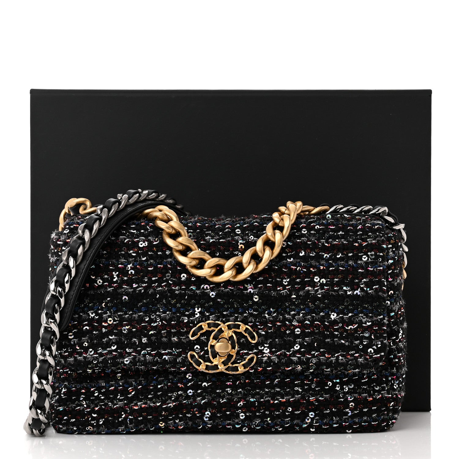 Chanel Tweed Sequin Quilted Medium Chanel 19 Flap Black Multicolor 10 of 10