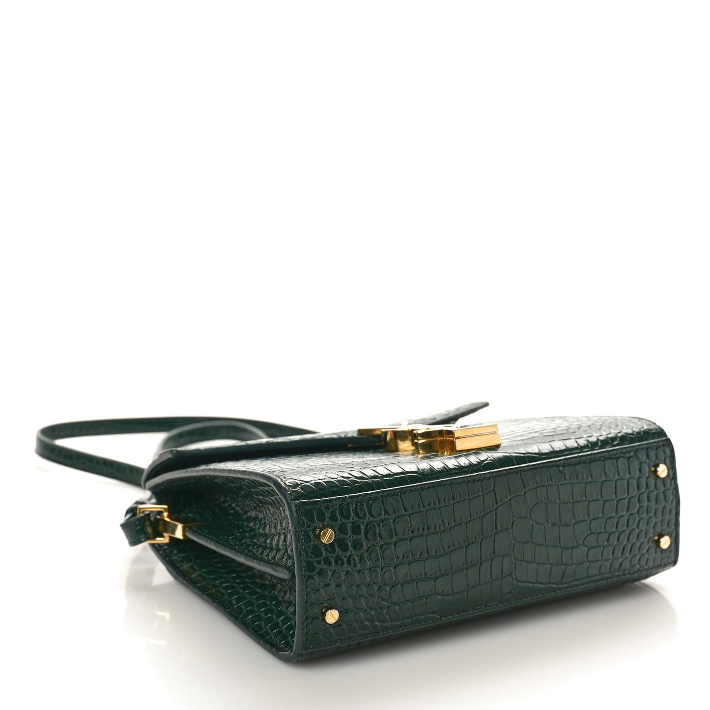Calfskin Crocodile Embossed Mini Classic Monogram Cassandra Top Handle Dark Mint