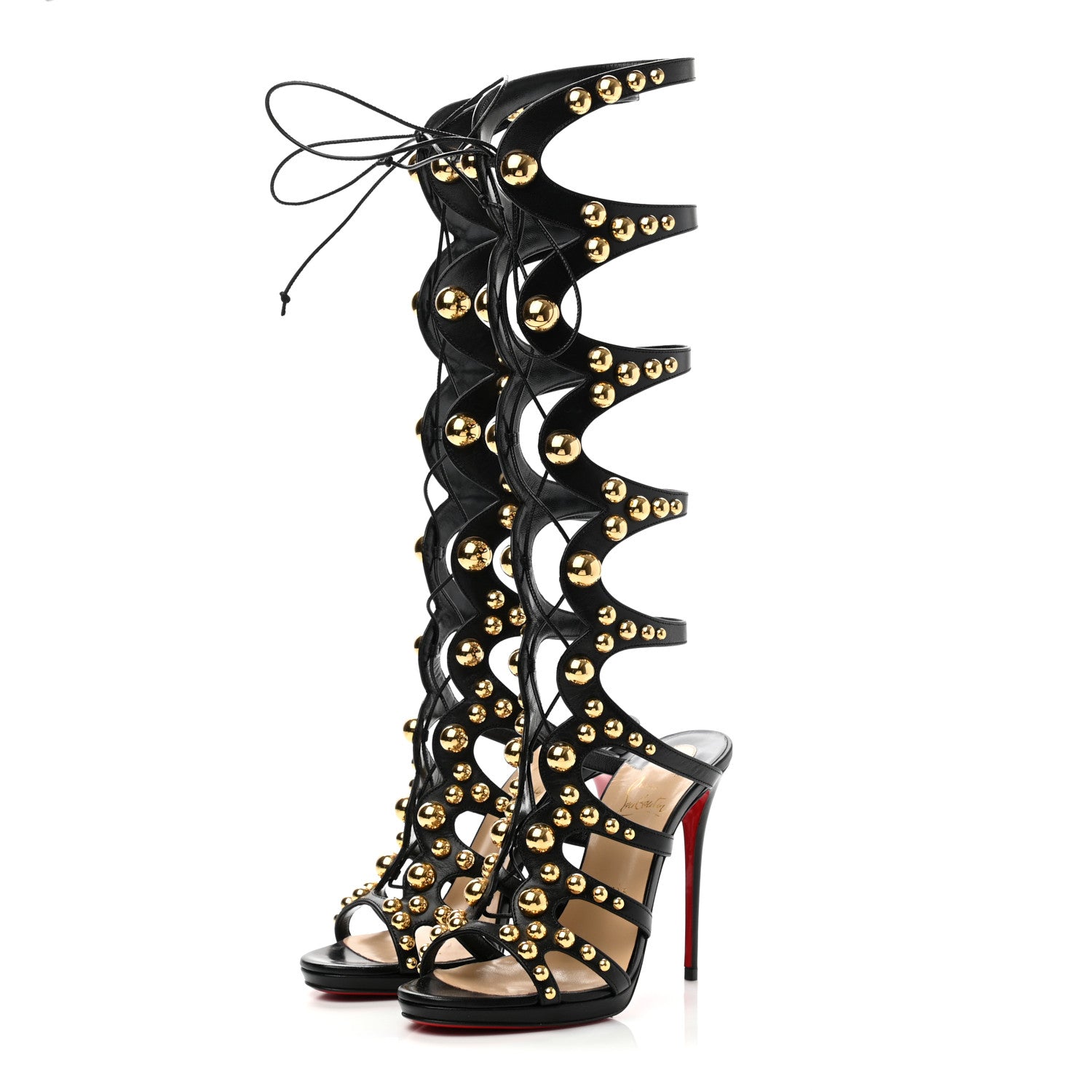 Christian Louboutin Kid Amazoutiful 120 Lace Up Sandals 38.5 Black Gold 3 of 8