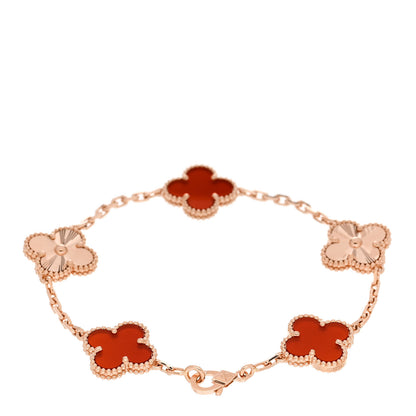 Van Cleef & Arpels 18K Rose Gold Carnelian 5 Motifs Guilloche Vintage Alhambra Bracelet 2 of 5