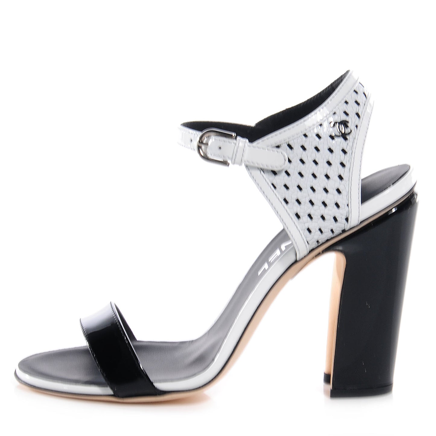 Perforated Crackled Patent Calfskin Sandals Heels 37.5 Black White