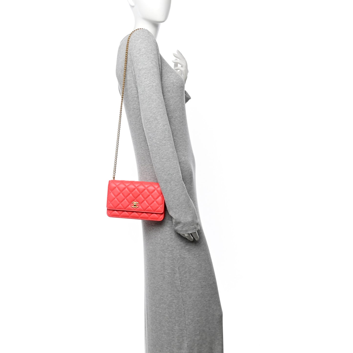 Lambskin Quilted Sweet Camellia Wallet On Chain WOC Coral